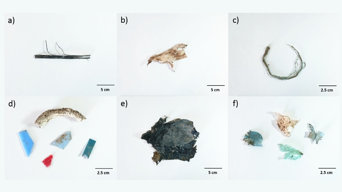 Beispiele für Makroplastik, die auf dem untersuchten Acker gefunden wurde. Die Kunststoffteile wurden anhand ihrer Form in drei verschiedene Kategorien eingeordnet: Folien (a,b,), Fragmente (c) und andere (d-f). 