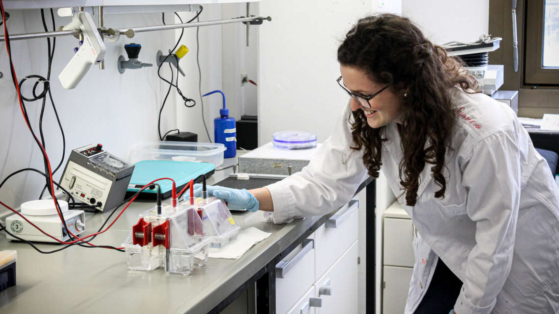 Clarissa Lanzloth, Masterstudentin der Universität Bayreuth, überprüft eine Elektrophorese-Apparatur zur Auftrennung und Analyse von Proteinen.