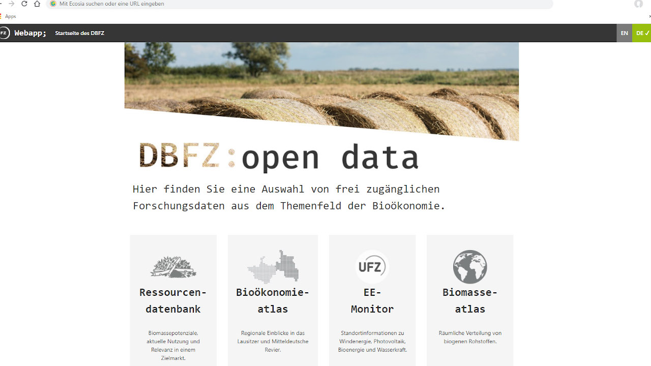 Startseite der DBFZ- Online-Datenbank zu biogenen Rohstoffen 