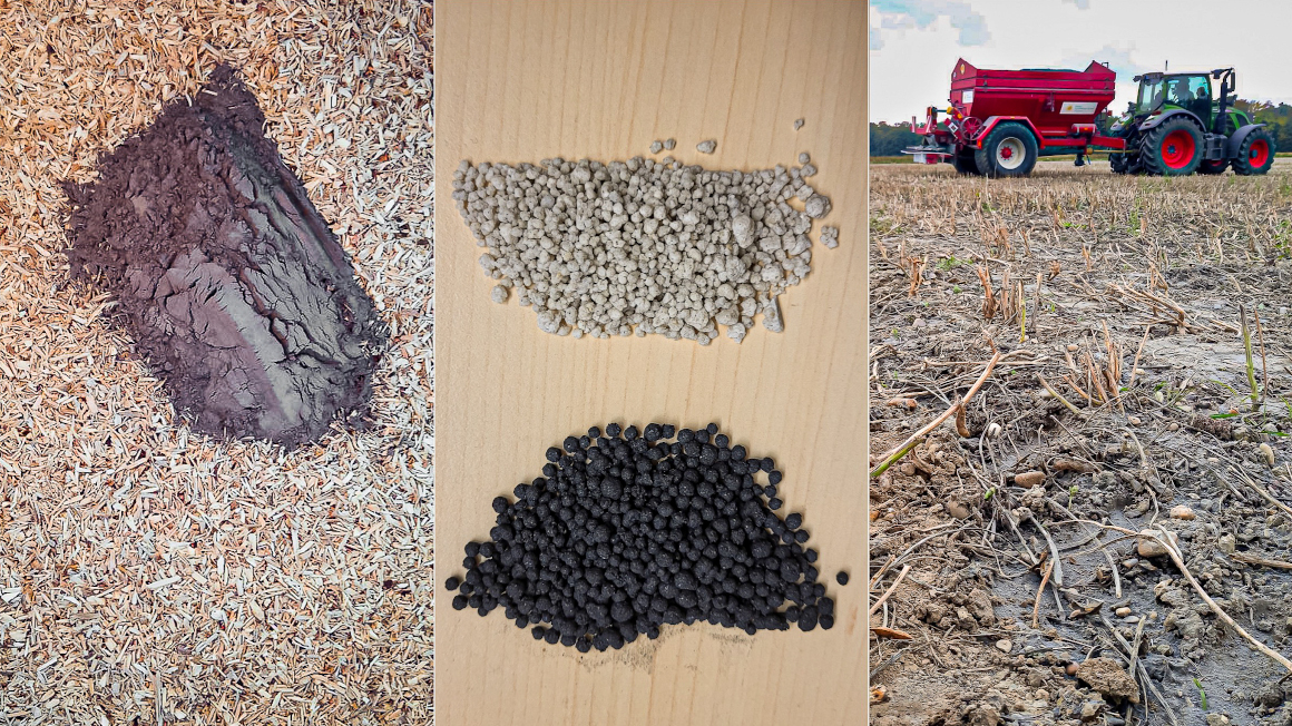 Vermengung von Gesteinsmehl mit Ausgangsmaterial für Pflanzenkohle und Ausbringung durch landwirtschaftliche Nutzfahrzeuge auf Feldern sorgen für beschleunigtes Pflanzenwachstum.