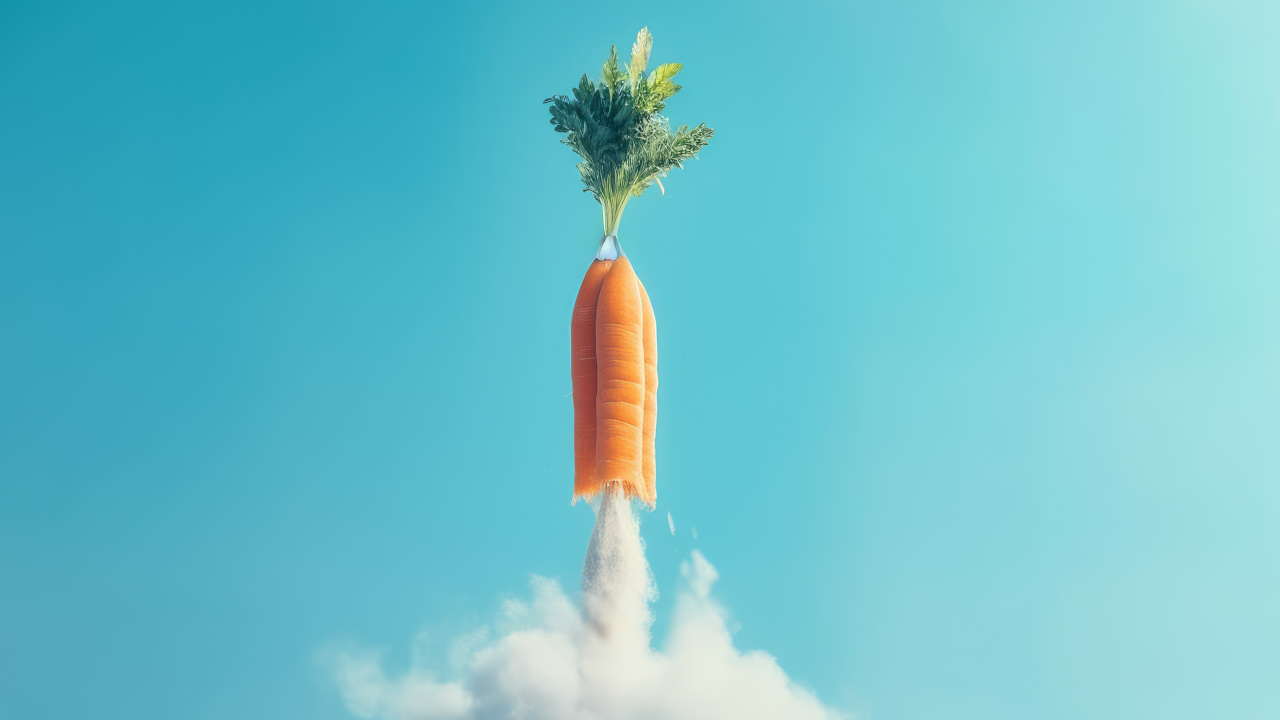 Collage: Karotte auf dem Weg ins All