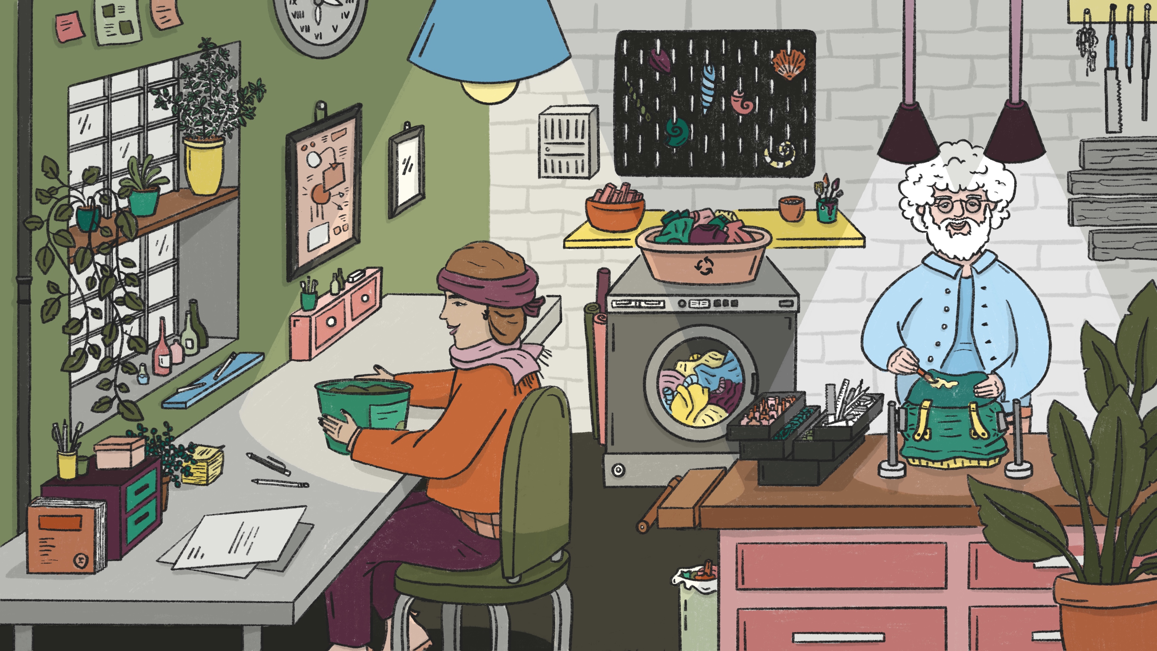 Illustration einer Werkstatt mit zwei Arbeitern