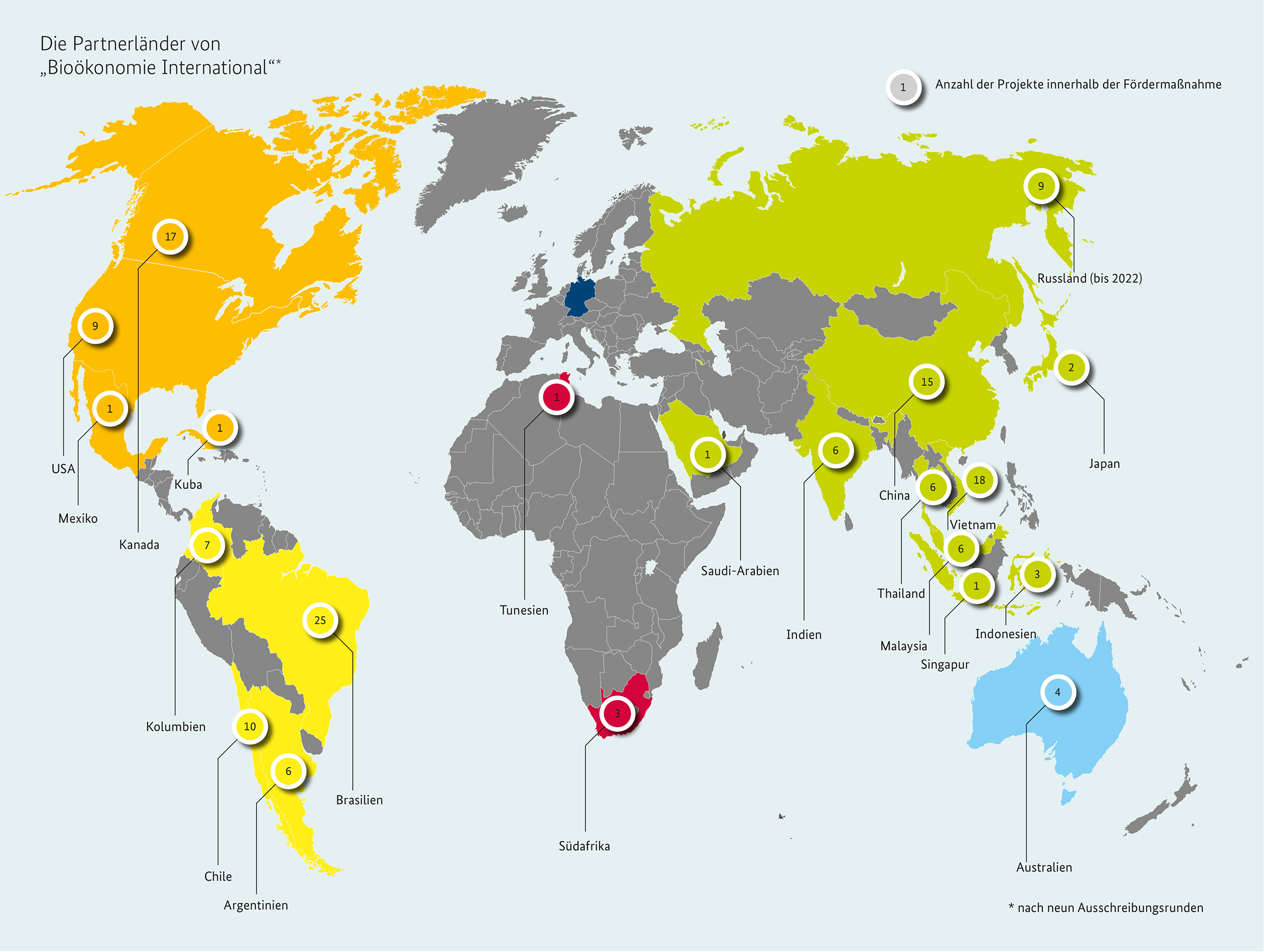 Bioökonomie International Weltkarte mit Anzahl der Förderprojekte