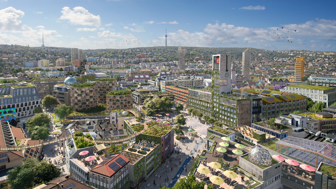 "Stuttgart in Zukunft: Für den Bildband "Zukunftsbilder 2045" haben Reinventing Society und das Wire Collective eine Vision für den Stuttgarter Marktplatz entworfen."