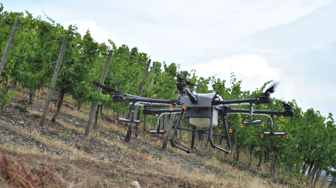 Drohne vom Typ DJI T30 aus dem Projekt Smarter Weinberg im Testeinsatz in Bernkastel-Kues. 