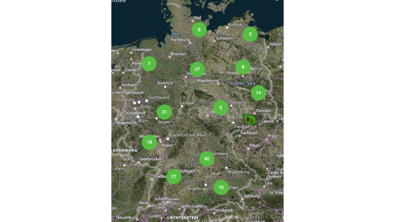 Screenshot Deutschlandkarte mit markierten Agroforst-Standorten.