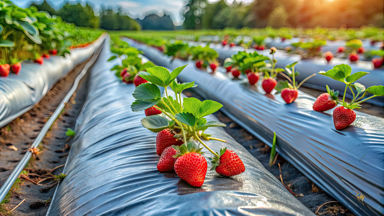 Rote Erdbeeren auf Mulchfolie auf einem Feld