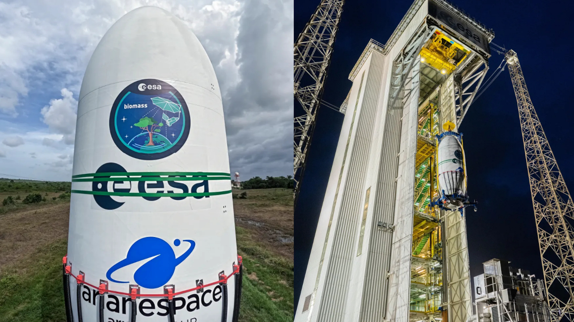 links: Der BIOMASS-Satellit, eingekapselt in eine Raketenhülle, die ihn auf seinem Weg durch die Erdatmosphäre schützt. Rechts: BIOMASS auf dem Weg zum Startturm, um an der Vega-C-Rakete von Arianespace befestigt zu werden.