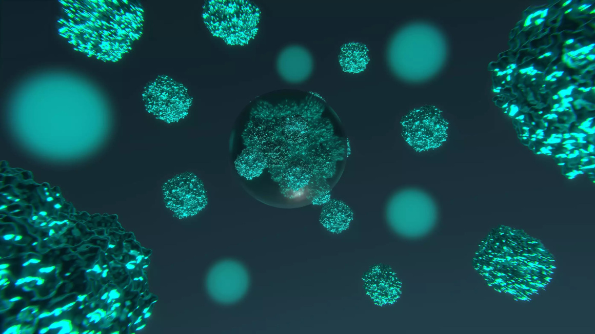 Künstlerische Darstellung des Inneren eines Cyanobakteriums. Hier konzentrieren Kondensate (Kugeln im Bild) Enzyme, die im Rahmen der Photosynthese CO2 fixieren.