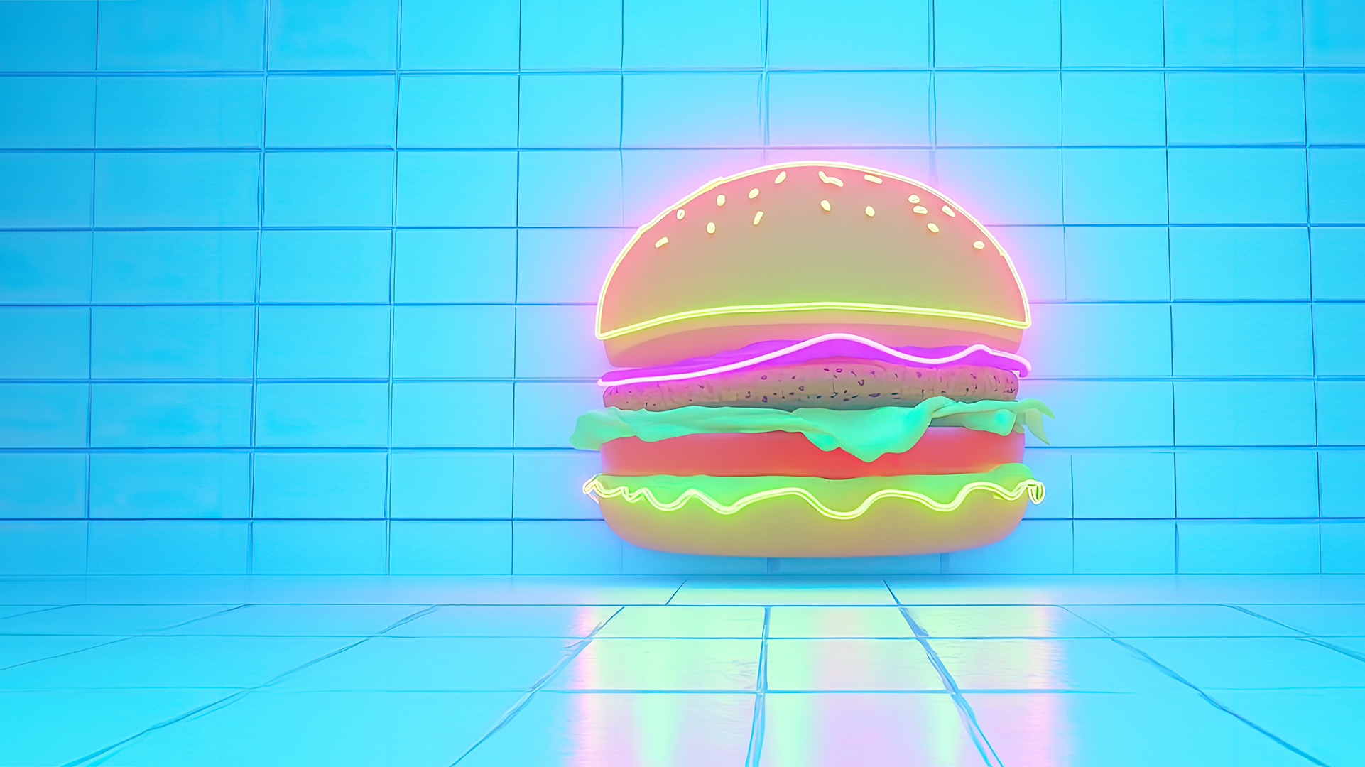 Neon Burger Grafik vor einem hellblauen Hintergrund.