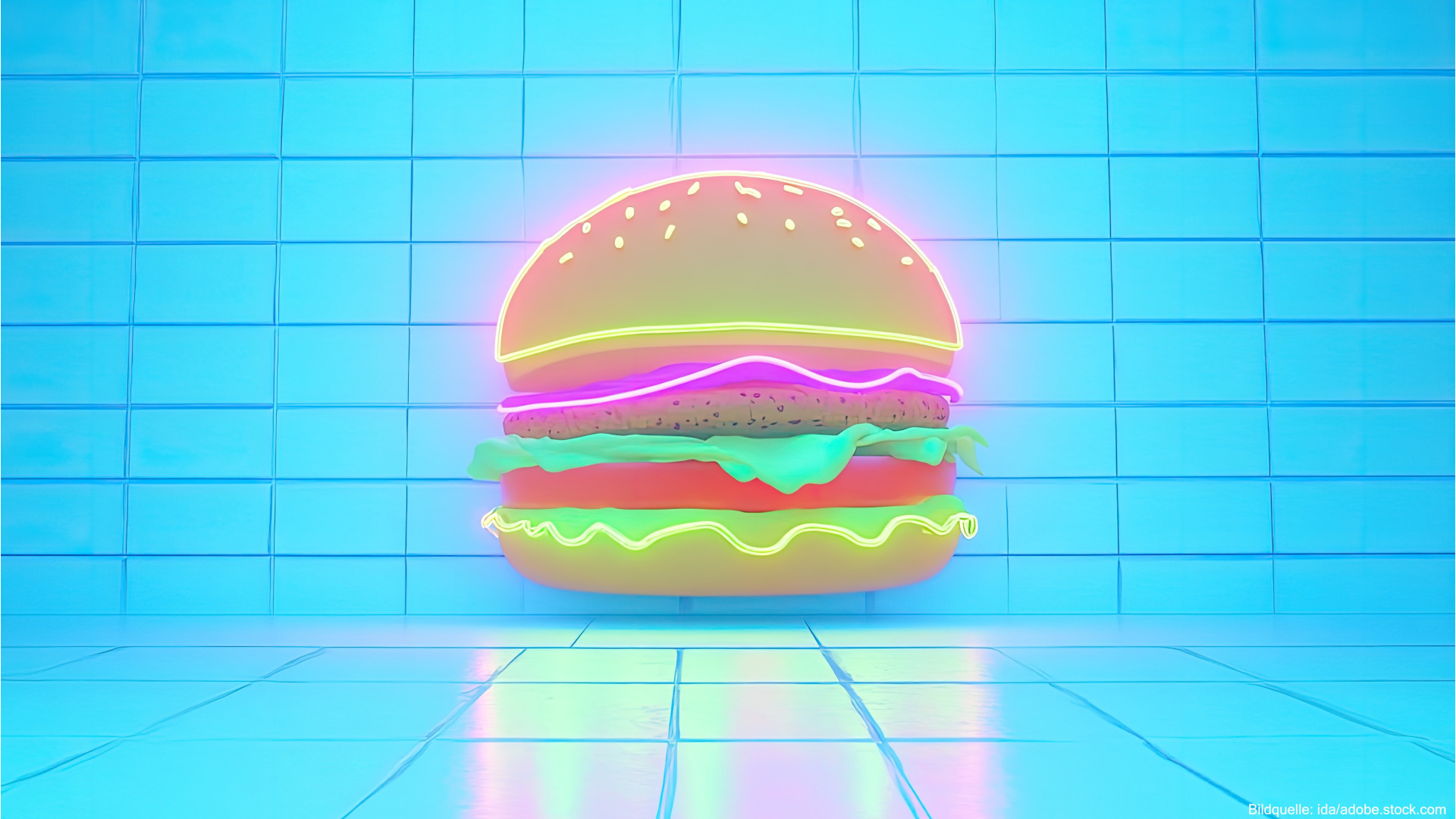 Neon Burger Grafik vor einem hellblauen Hintergrund.