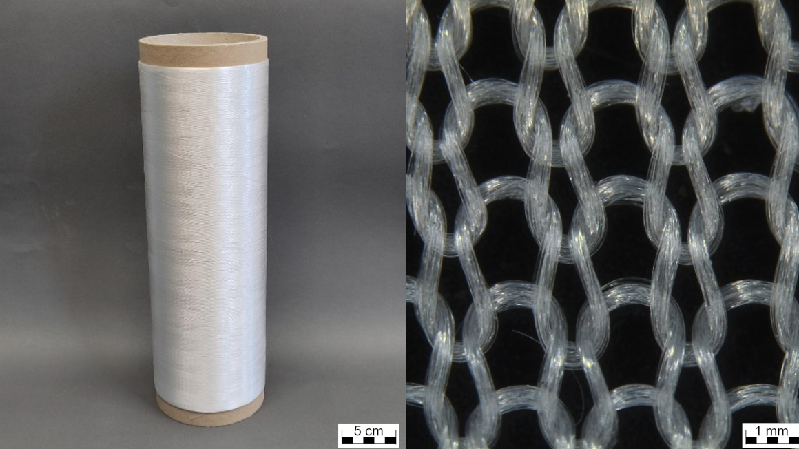 Schmelzgesponnenes Filamentgarn (links) und gestrickter Textildemonstrator (rechts) aus einem PHB/PLA-Biopolymerblend