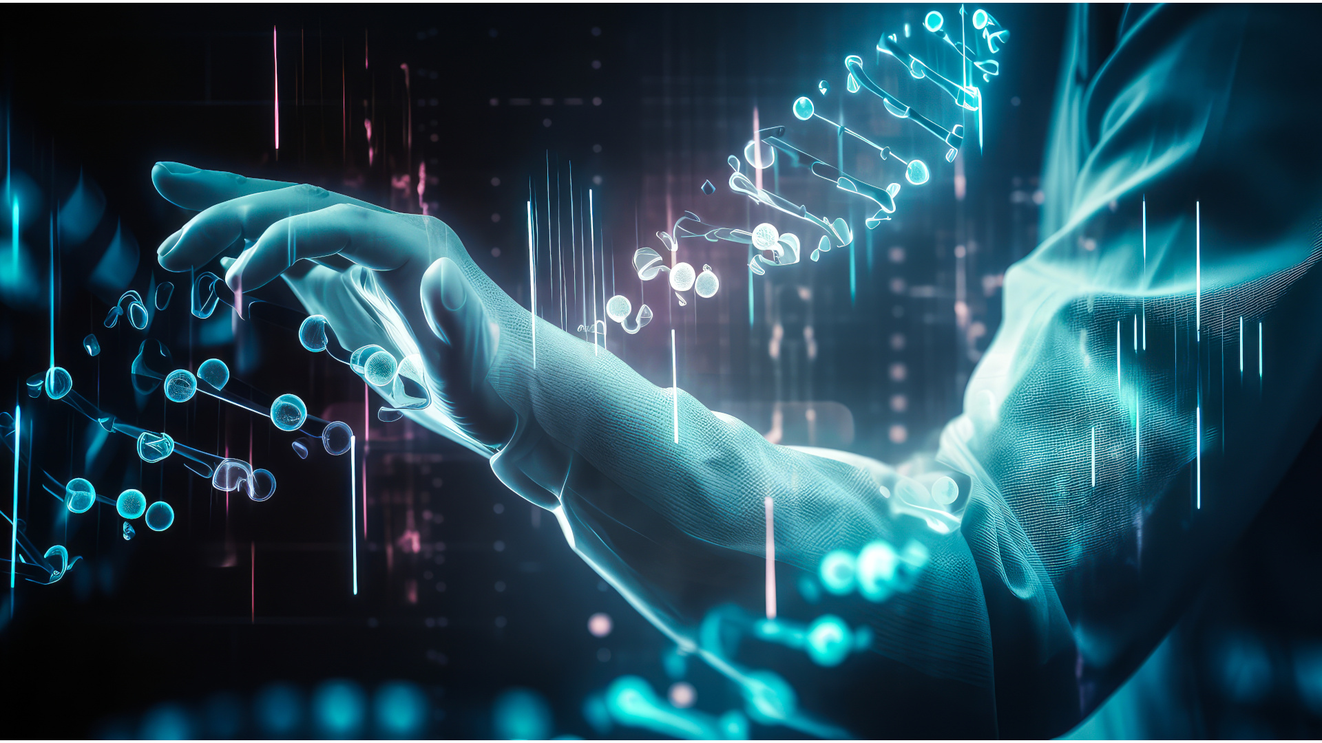 Fesselndes Bild: Männerhand, die einen holografischen DNA-Strang bewegt, Wissenschaftler im weißen Laborkittel im Hintergrund. Verkörpert genetische Exzellenz und Emotionen der biotechnologischen Innovation.