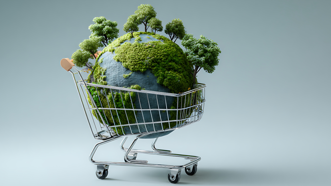 Eine Erdkugel im Einkaufswagen (Symbolbild).