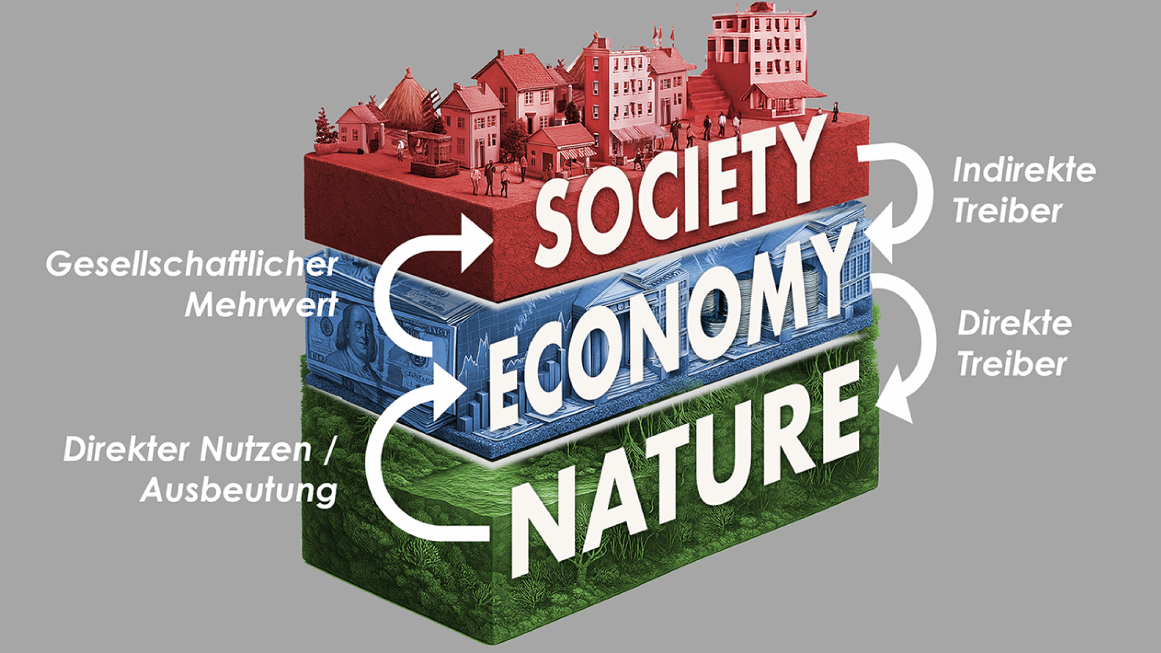 Modell Nachhaltigkeit mit vernetzten Ebenen von Natur, Wirtschaft und Gesellschaft.