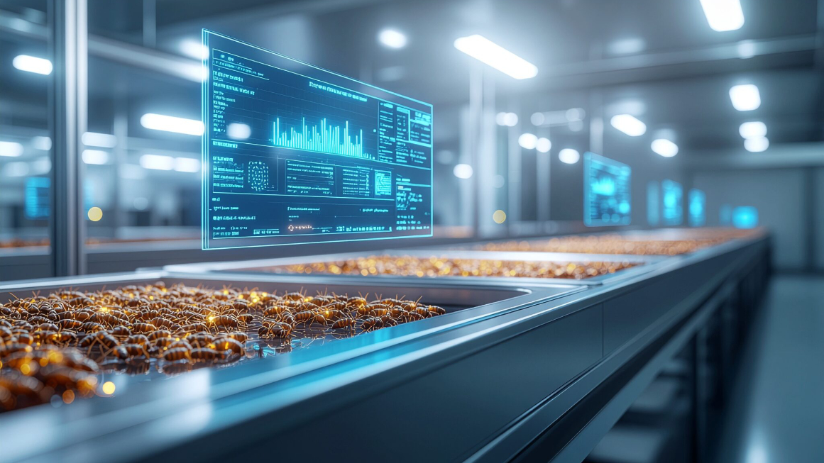 Illustration einer Hightech-Insektenproduktion, in der KI die Zucht von Schwarzen Soldatenfliegen steuert. 