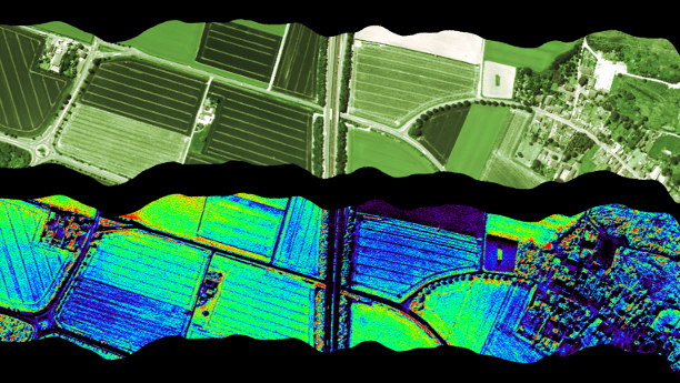 Die untere Flugzeug-Aufnahme mit den Messdaten des Spektrometers „HyPlant“ zeigt farbkodiert die Fluoreszenzemission. Unterschiedliche Farben spiegeln die aktuelle Photosyntheseleistung bzw. akuten Stress wider.