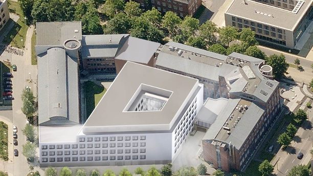 So soll das neue Zentrum für Life Science und Plasmatechnologie aussehen. Links davon das INP, rechts das Biotechnikum.