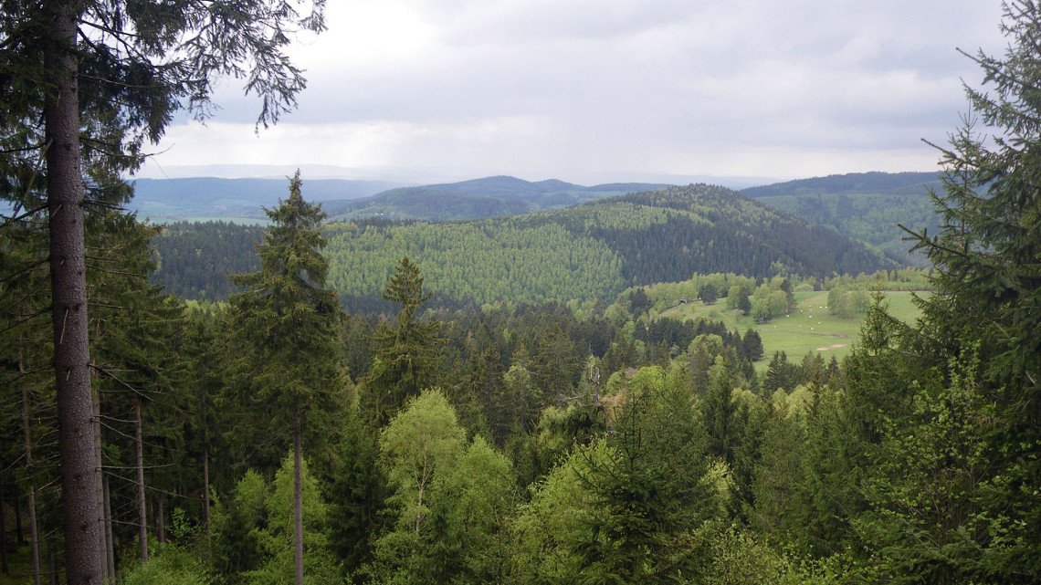 Blick auf den Südabhang des Thüringer Waldes. Das Mosaik einer kleinflächigen Bewirtschaftung ist deutlich erkennbar.