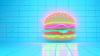 Neon Burger Grafik vor einem hellblauen Hintergrund.